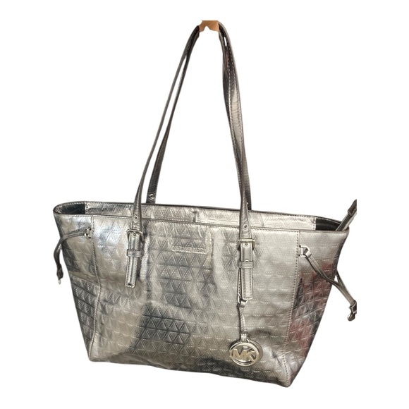 Michael Kors Metallic Silver Tote 17” X 11” leather large tote - Picture 1 of 15
